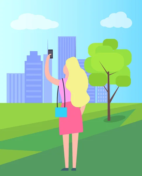 Femme prenant Selfie dans City Park Illustration — Image vectorielle