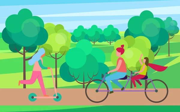 Bicicleta de montar de la hija madre en el vector del parque del árbol — Vector de stock