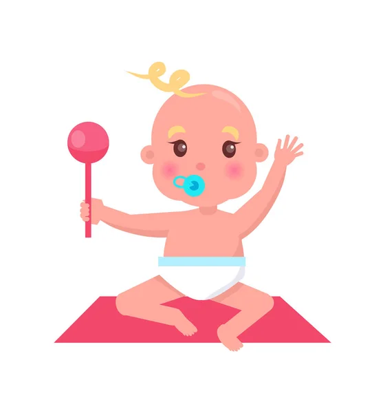 Little Baby with Pacifier and Rattle Sits on Rug — Stock Vector