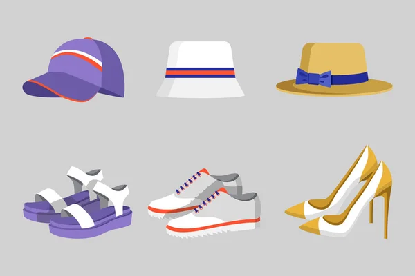 Koleksi Topi dan Sepatu, Ilustrasi Vektor - Stok Vektor