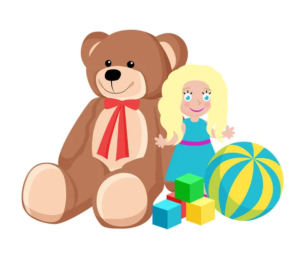 Teddy urso e boneca brinquedos conjunto vetor ilustração —  Vetores de Stock