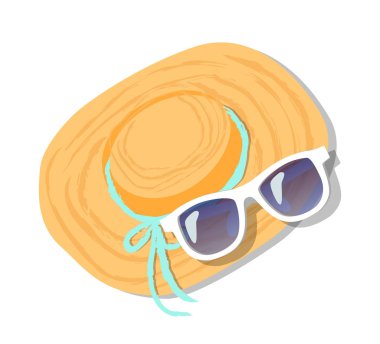 Kadın hasır şapka Blue Ribbon güneş gözlüğü dekore edilmiştir.