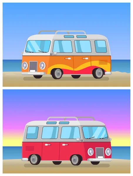 Retro Trailer viajando ônibus no fundo litoral — Vetor de Stock
