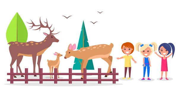 Jelení rodiny v lese izolované kreslený obrázek — Stockový vektor