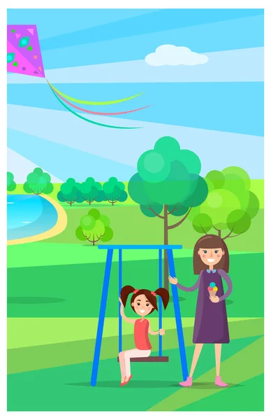 Girl on Swing and Mother Holding Ice Cream Nearby — Stock Vector