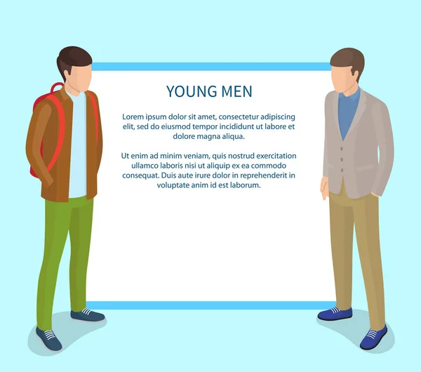 Cartel de hombres jóvenes con marco para texto. Estudiantes — Vector de stock
