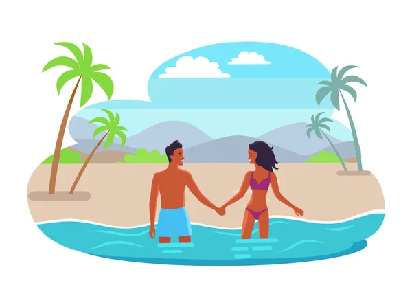 日焼けしたカップルは手を握り合うと海のスタンド — ストックベクタ