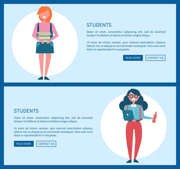 Étudiants sur Internet Page promotionnelle informative — Image vectorielle