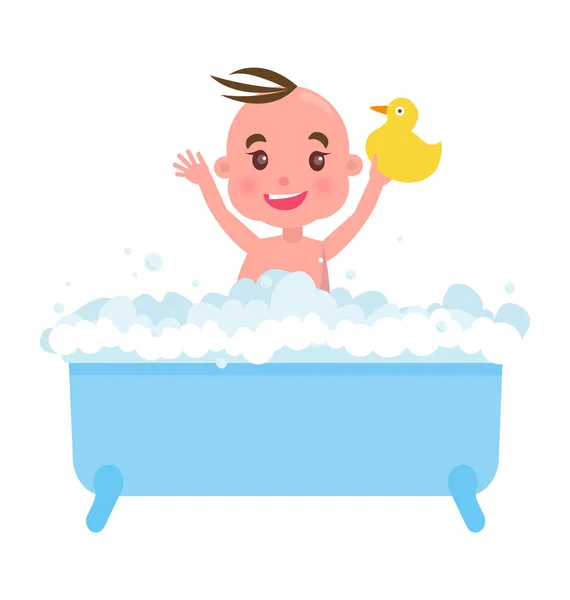Щасливий маленький хлопчик у синій ванна з піни і качка — стоковий вектор