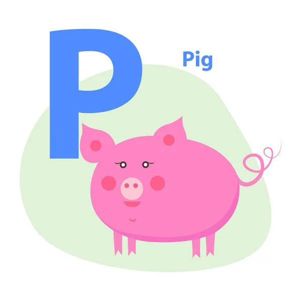 Cochon rose mignon sur l'icône Alphabet Caractère P Dessiné — Image vectorielle