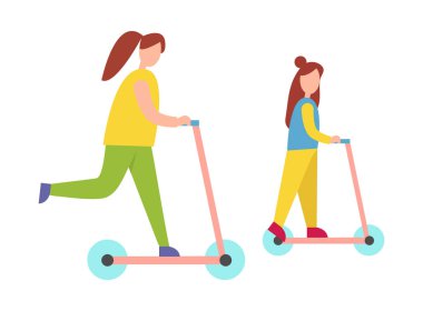 Anne ve kızı binme scooter illüstrasyon