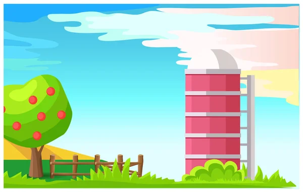 Paisagem Rural com Granary Cartoon Vector — Vetor de Stock