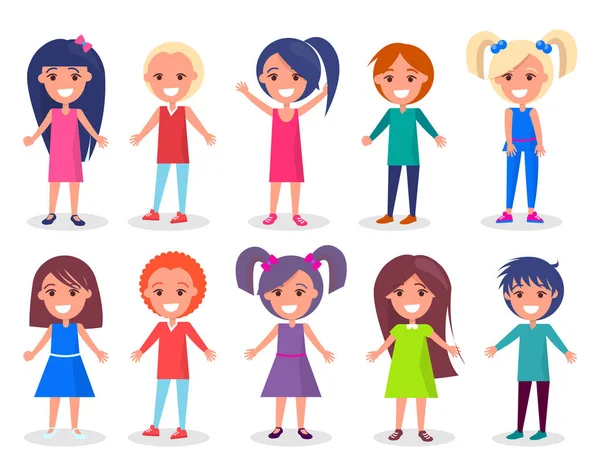 Mosolygó gyerekek készlet fiúk és a lányok színes ruhát — Stock Vector