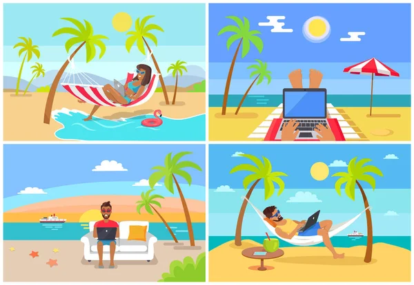 Trabajadores freelance en la playa cerca del mar con ordenadores portátiles — Vector de stock