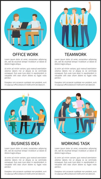 Travail d'équipe de bureau sur les affiches promotionnelles d'idées d'affaires — Image vectorielle