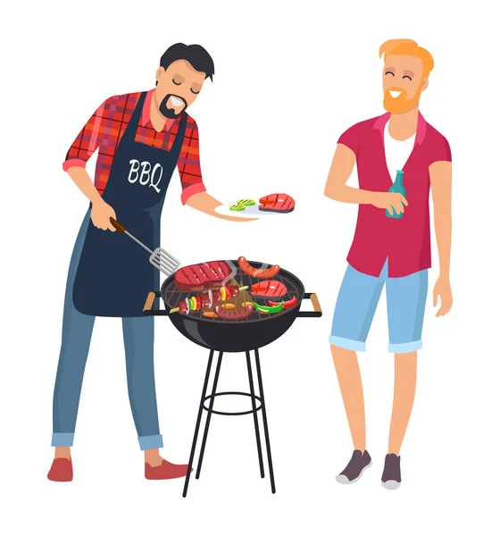 Cheaf barbecue avec son ami, beaucoup de nourriture délicieuse — Image vectorielle