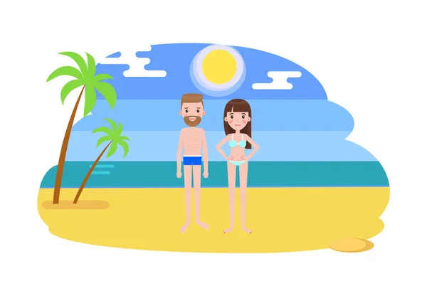 Hombre y mujer en trajes de baño en la playa con palmas — Vector de stock