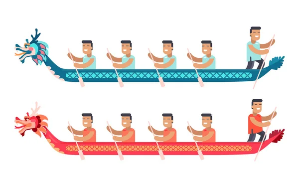Asiatico uomini in barche lunghe a forma di drago Set — Vettoriale Stock