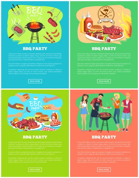 Zestaw Grill Party ilustracje wektorowe, dania mięsne — Wektor stockowy