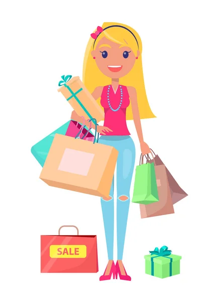 Verkauf shopoholic Mädchen mit Taschen Vektor Illustration — Stockvektor