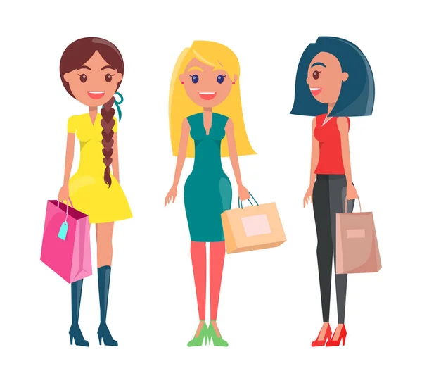 Boldog nő a vásárlás, a felnőtt lányok csomagok — Stock Vector
