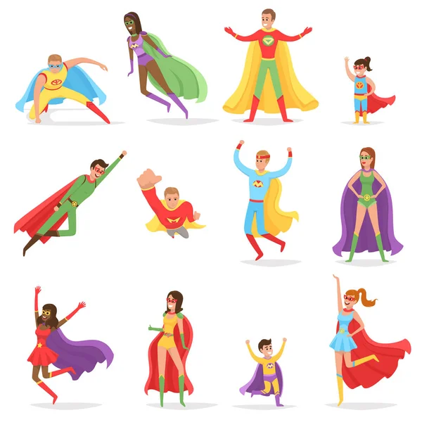 Superheroes in Bright Suits and Long CLoaks Set — Stock Vector