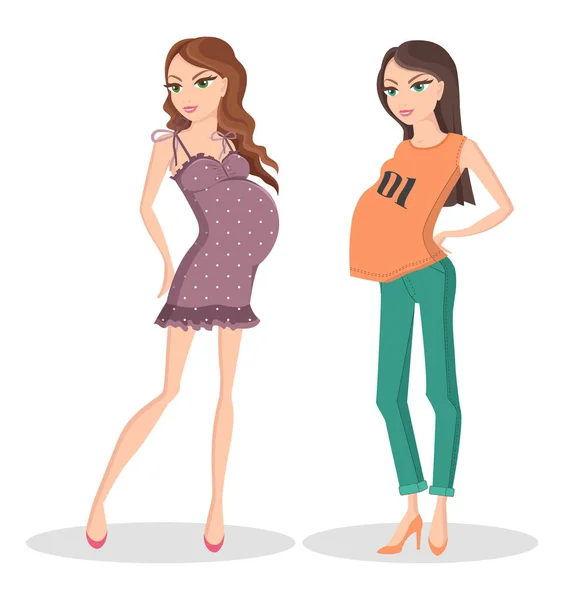 Pair of Pregnant Girls, Color Vector Illustration — Stock Vector