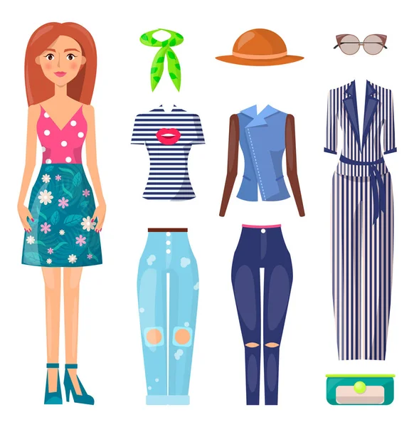 Набор летней одежды в режиме работы, разноцветный плакат — стоковый вектор