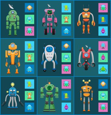 Renkli kareler, izole droidler gülümseyen izole koyu arka planlar üzerinde robot modelleri grup robot Icons set, grafik ve sonar, ampuller ve antenler