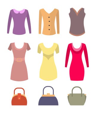 Moda Bayan giyim ve aksesuarları ayarlayın. Casual en fazla zarif elbiseler ve pratik çanta. Bayan giyim ve çanta çizimler vektör.