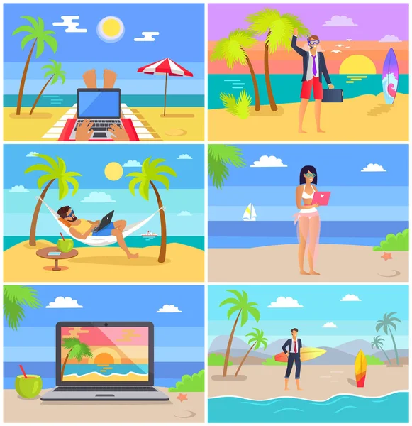 Μακρινή εργασία ανθρώπους στο Seaside διανυσματικά εικονογράφηση — Διανυσματικό Αρχείο