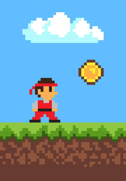 Hombre recogiendo monedas, 2d juego, Pixel Ilustración — Vector de stock