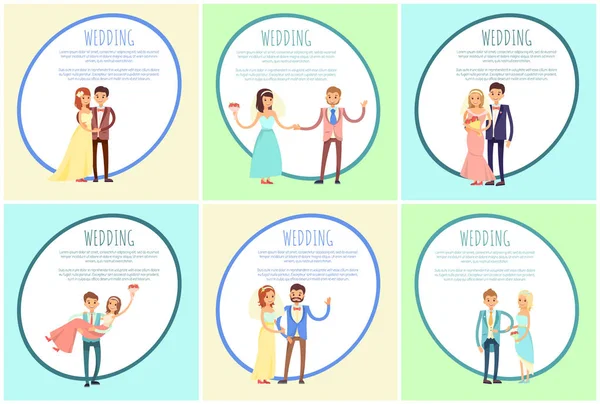 Recién casados en vestidos de novia y trajes festivos — Vector de stock