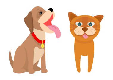 Köpek ve kedi poster, afiş köpek ve kedi, Evcil hayvan koleksiyonu, köpek ve kedi vektör illüstrasyon izole beyaz arka plan üzerinde pembe dilleriyle ile