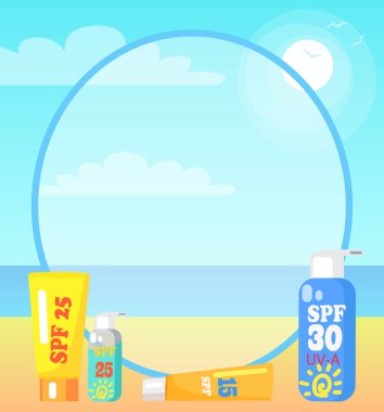 Poster gösteren huzurlu sahil. Çeşitli spf suncreen losyonlar kum arka plan illüstrasyon vektör, deniz ve mavi gökyüzü sakin