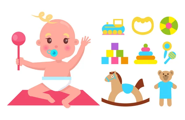 Lindo bebé con pancarta de pezón y sonajero rosa — Vector de stock