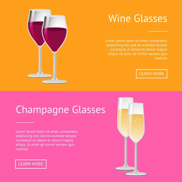 Wijn Champagne Glazen Set Van Web Posters Met Drukknop Meer — Stockvector