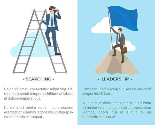 Searching Leadership Man Standing Ladder Looking Binocular Person Flag Mountain — Stock Vector