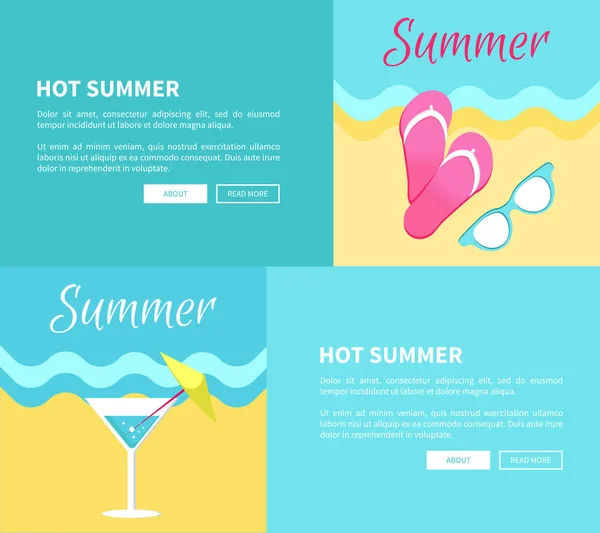 Juego de carteles web de verano caliente con gafas Martini — Vector de stock