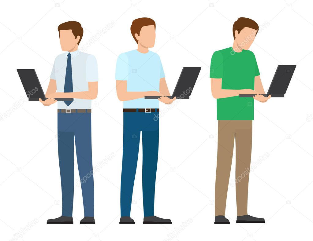 Men Set Standing Full Length Working on Laptop