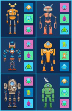 Altı robotlar, Icons set, renk vektör çizimler, antenler ve lamba kafa, kabloları eller, radyo dalgaları, renkli kareler, droidler lardan ayarla