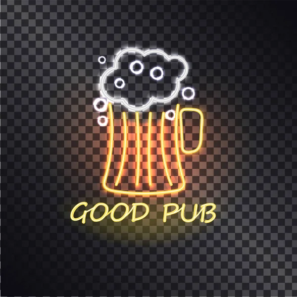 Good Pub, Cute Glowing Signboard with Beer Glass — Stock Vector