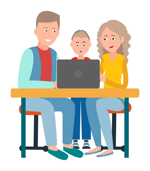 Батьки і син сидять перед відкритим ноутбуком — стоковий вектор