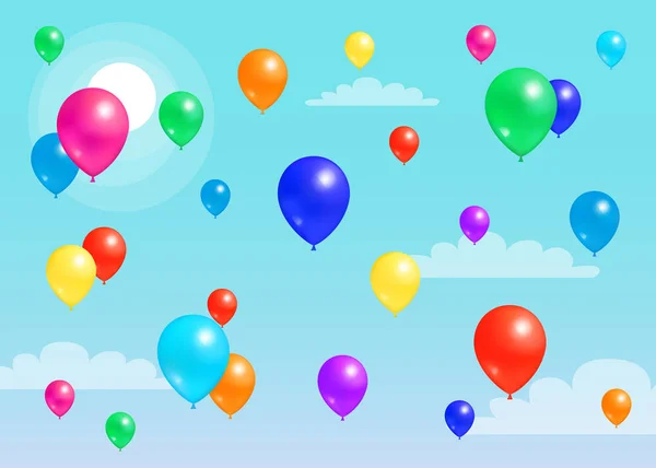 Färgglada ballonger flyger blå himmel, gummi ballong — Stock vektor