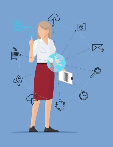 Icônes technologiques et femme d'affaires, bannière de couleur — Image vectorielle