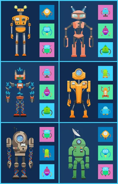 Sechs Roboter Icons Set Farbvektorillustrationen Humanoiden Mit Antennen Und Lampe — Stockvektor