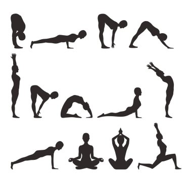 Yoga poz koleksiyonu siluet vektör çizim