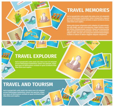 Seyahat anıları ve turizm web afiş kümesi keşfedin. Dağınık fotoğrafları ile ünlü Asya turistik düz vektörel çizimler. Seyahat acentası yatay el ilanları veya afiş koleksiyonu