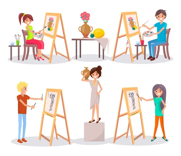 Studenti Disegnare e dipingere isolato Illustrazione — Vettoriale Stock