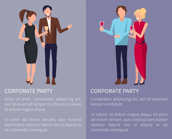 Corporate Party Poster Men Women Dancing Having Drinks Party Vector — Stock Vector